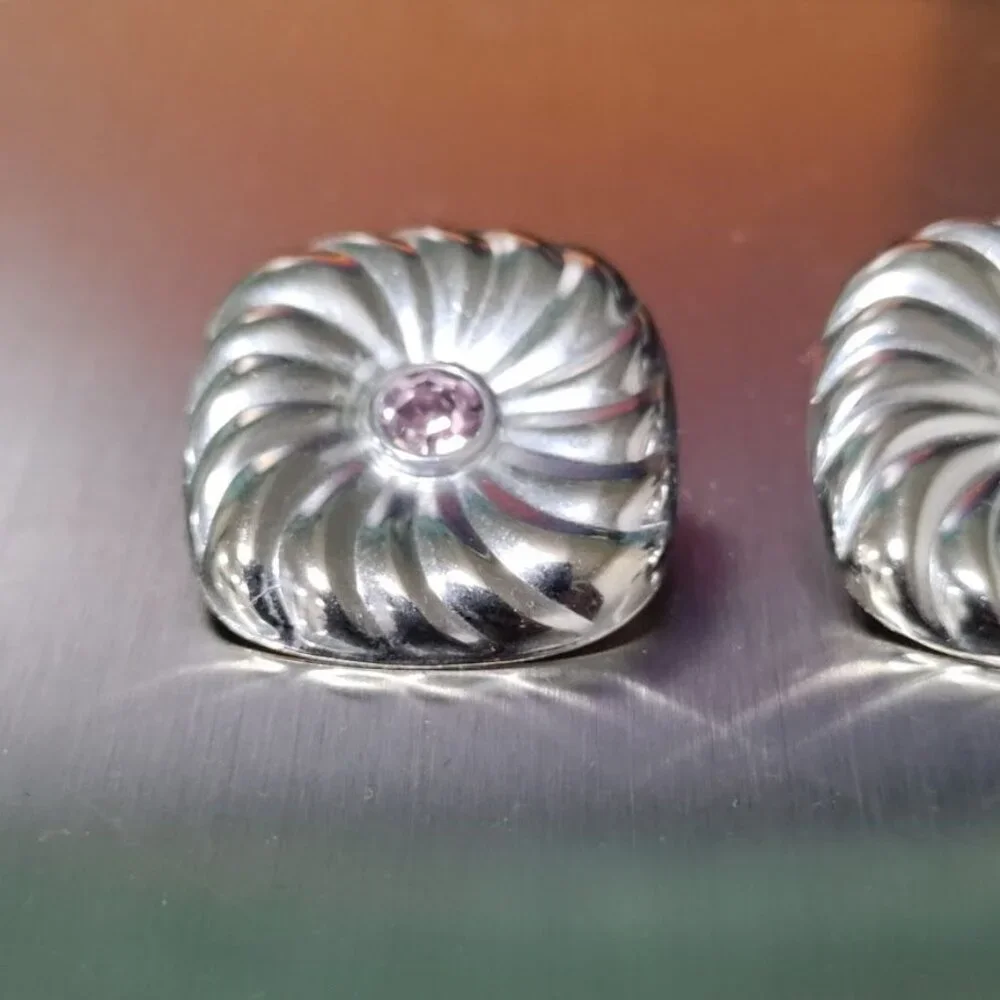 Sterling Silver Square Swirl Earrings With Pinkish Stone Centers - Picture 3 of 6